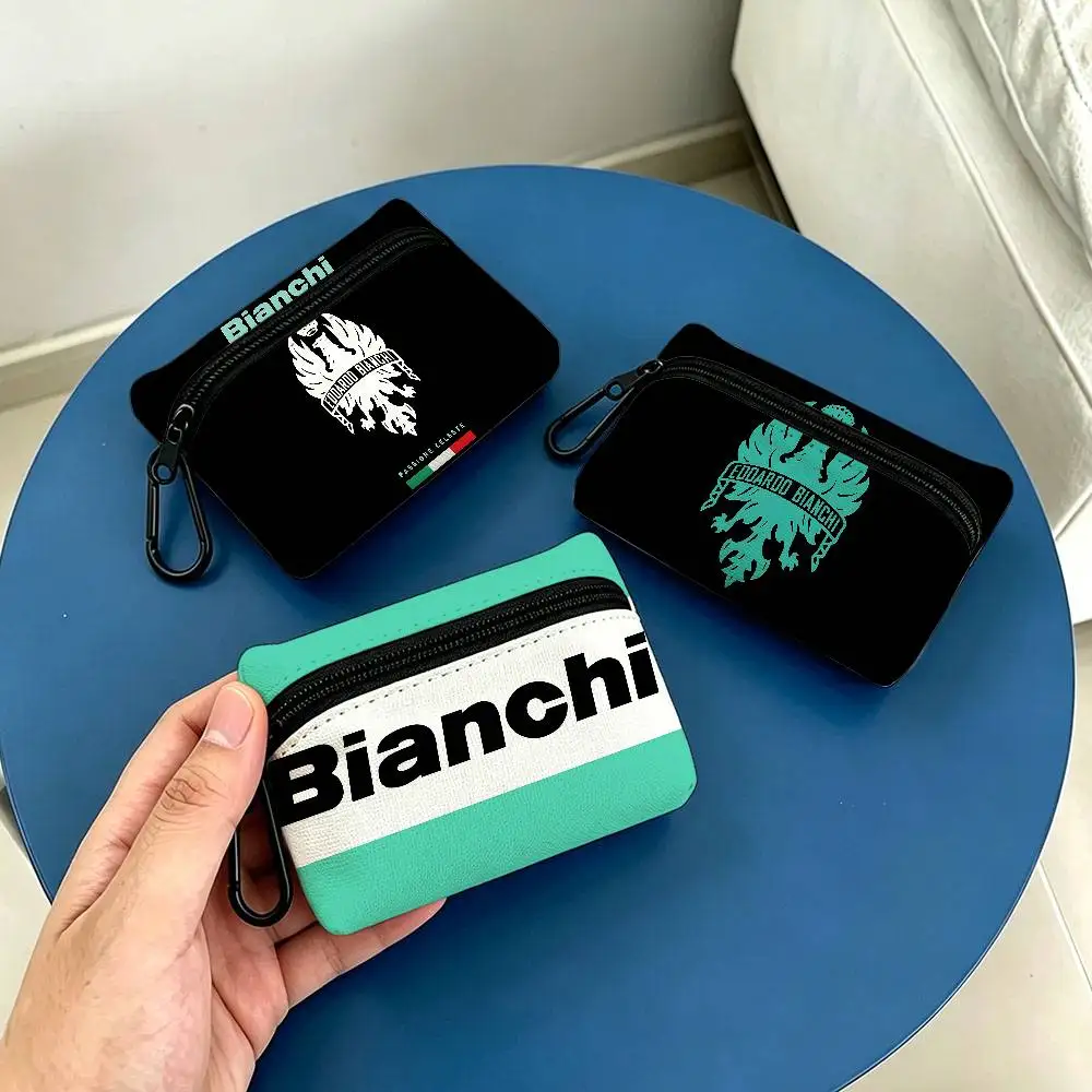 B-Bianchi Bike Logo Lightweight Oxford Fabric Coin Purse Carabiner Hook Design Mini Card Key Organizer Bag