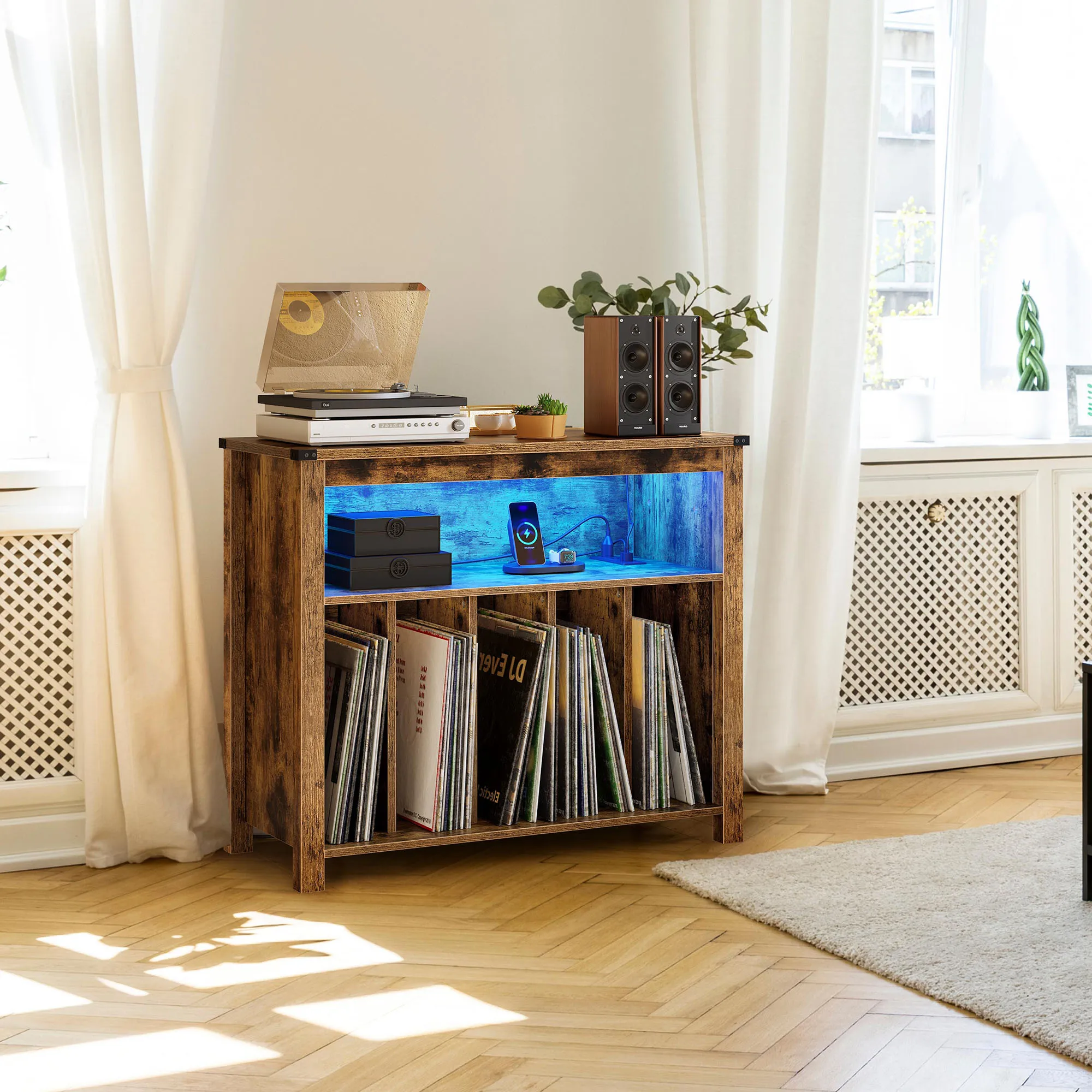 LED Vinyl Record Player Stand Turntable Stand with Power Outlets and Solid Legs