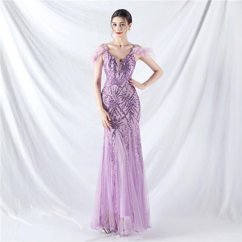 ملابس الصيف النسائية السباغيتي حزام ريشة الترتر شبكة مثير العميق الخامس الرقبة عارية الذراعين مساء حفلة كوكتيل حفلة موسيقية فستان طويل #1