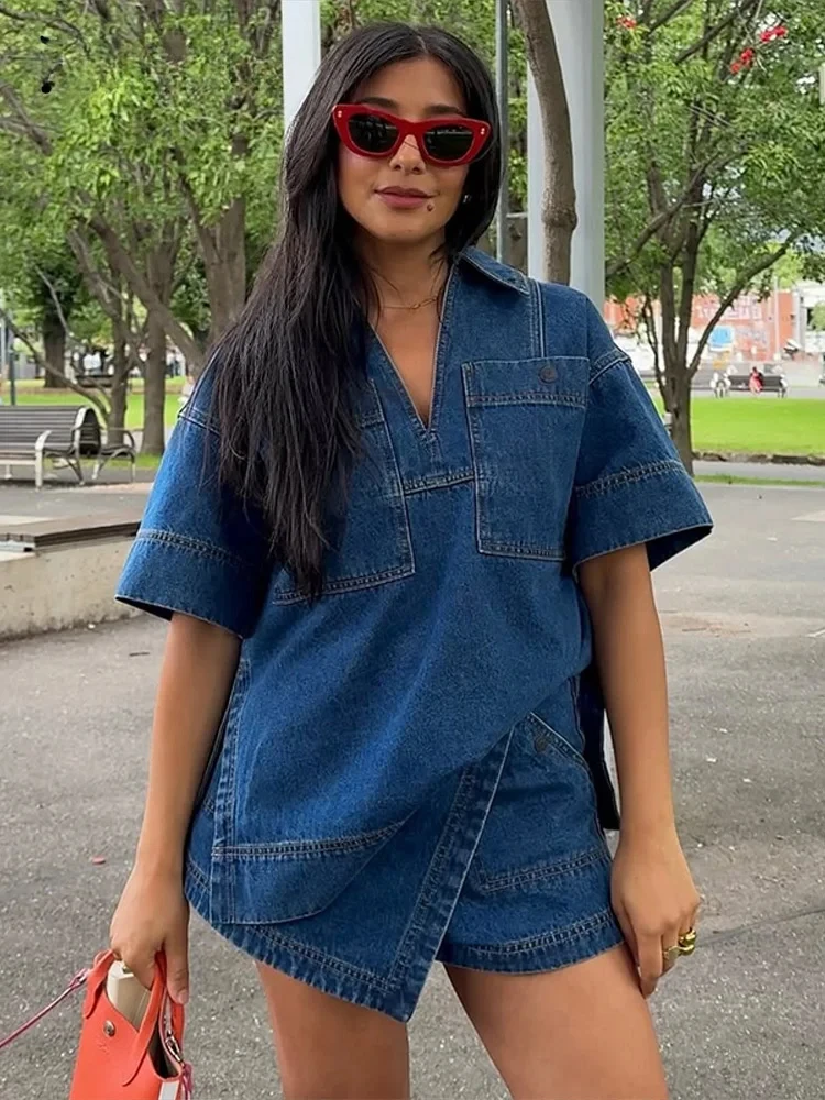 الشارع قمصان الدنيم أضعاف تنورة مجموعة النساء التلبيب قصيرة الأكمام جيب قمصان غير المتماثلة التنانير الصغيرة الصيف سيدة ملابس غير رسمية #6