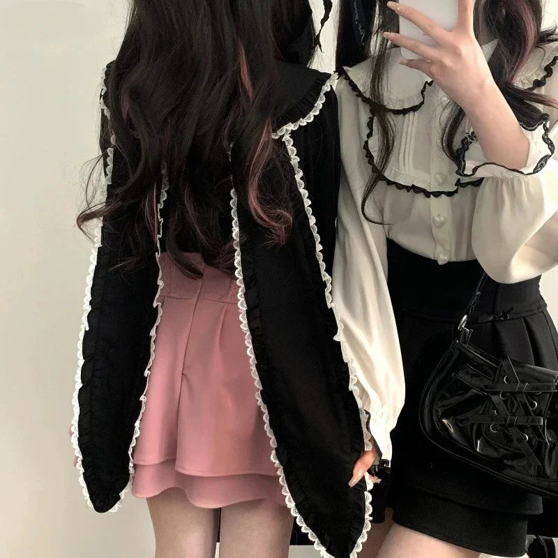 

Japanese Style Women Sweet Vintage Lolita Lace Ruffles Shirt Peter Pan Collar Rabbit Ears Long Sleeves Blouses Gothic Y2k Tops