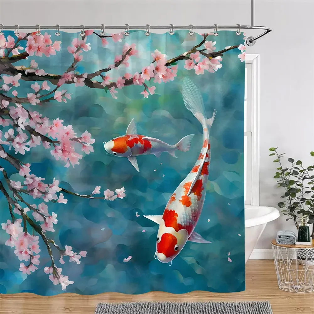 Japanese Style Shower Curtain Koi Fish Cherry Blossom Sun Sea Wave Octopus Landscape Polyester Fabric Curtains Bathroom Decor