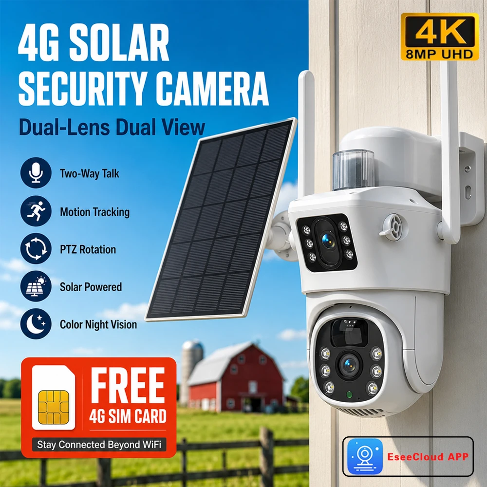 8MP 4K Dual Lens 4G/WIFI Solar Security IP Camera Solar Panels Color Night Vision PIR Motion Detection Outdoor Surveillance Cam