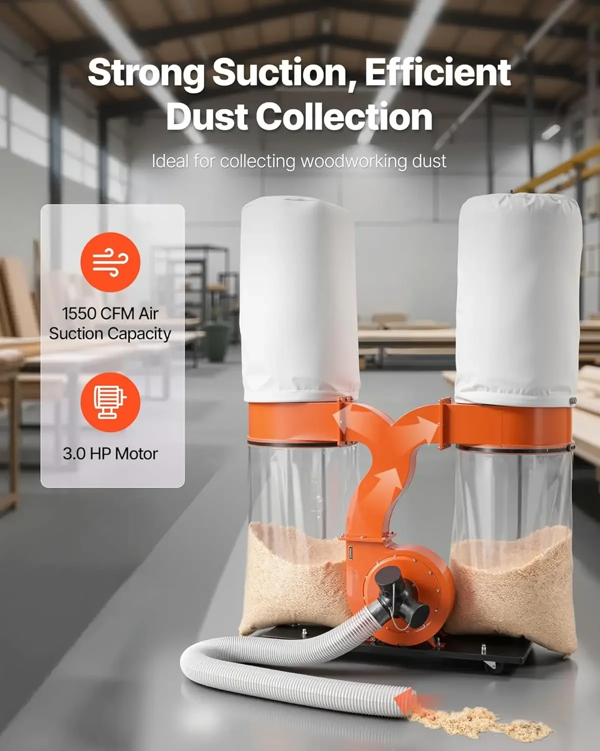 Dust Collector, 1550 CFM 2.5 Micron Vortex Cone Dust Collectors, 3.0HP Sawdust Collection System with Two 35-Gallon Dusts