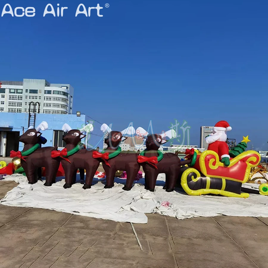 Four Elk Pull Santa Claus Inflatable Sleigh Christmas Decorations for Outdoor Display or Large-scale Activities