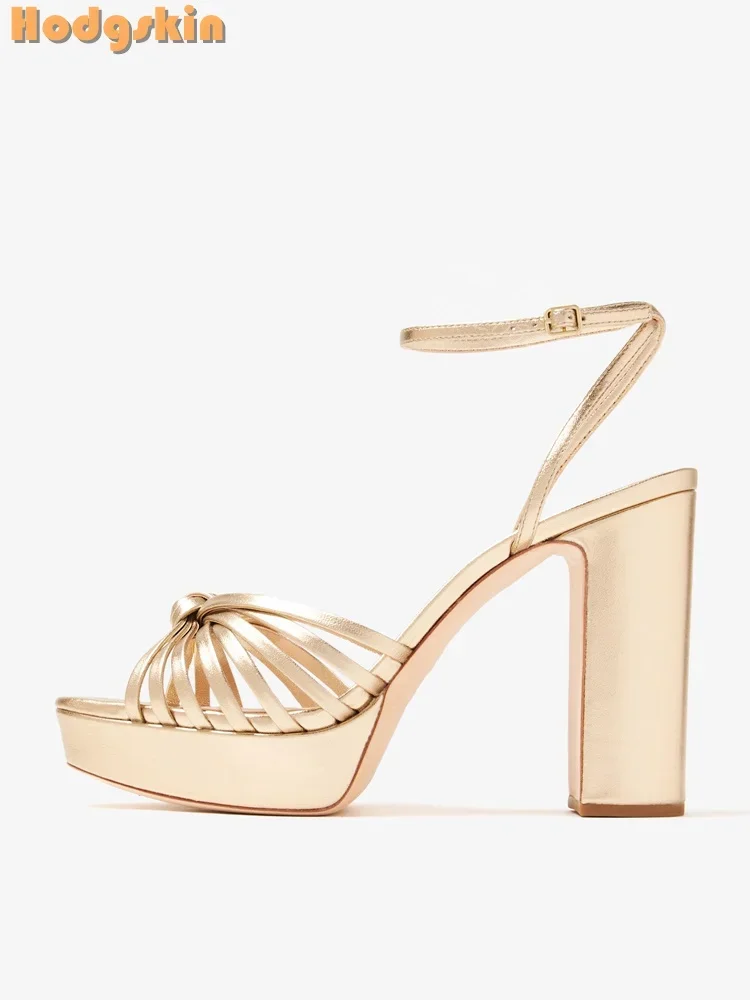Gold Cross-tied Platform Sandals Round Toe Buckle Straps Square Heeled Sexy Fashion Dress Shoes 2026 Women New Black Suede