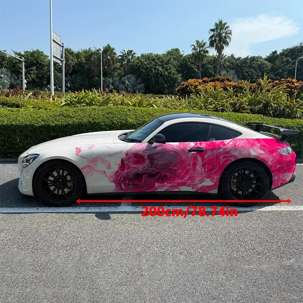 2pcs Pink Fire Skull Car Side Wraps, Self-Adhesive PVC Waterproof & Scratch-Resistant Stickers, Car Accessory Gift