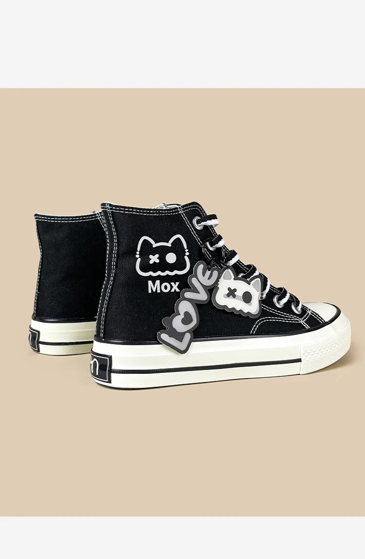 Amy und Michael Damen-Sneaker mit niedlichem Cartoon-Katzen-Charm, hohe Canvas-Schuhe, schwarze Schnür-Sneaker, Y2K Kawaii Mädchen-Freizeitschuhe – Detail 10