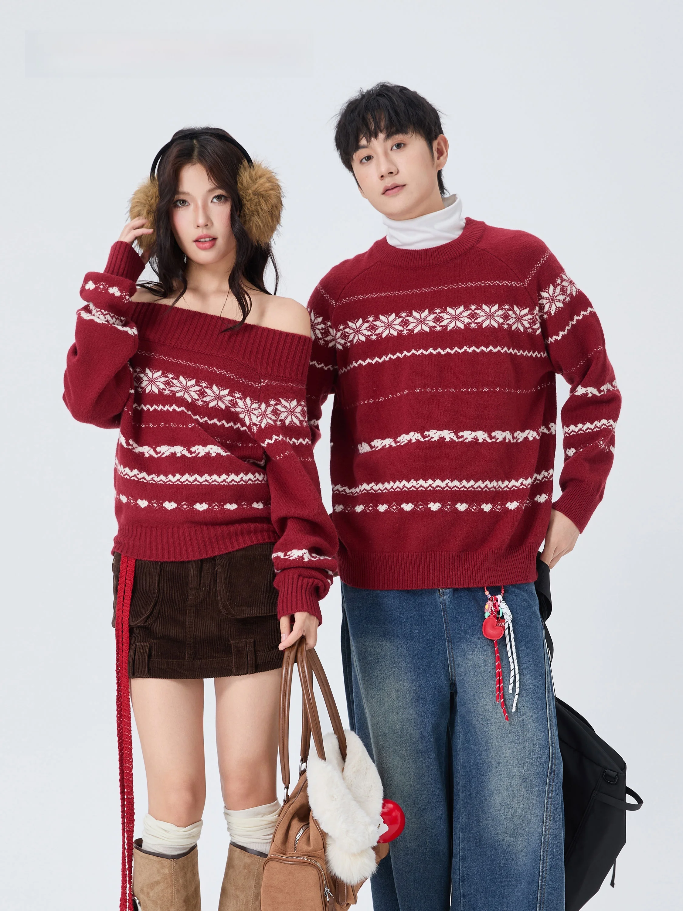 Couple's Knitted Shoulder-baring Sweater Red New Year Style Men's Women's Autumn Winter Thick Warm Casual Commute Fashion