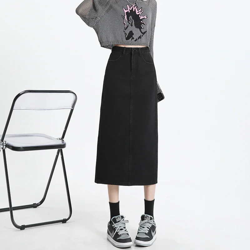 Adjustable Waist Women's Denim Skirt 95% Cotton Slit Design Fashion Korean Hip-covering Long A-line Skirt Black Retro Blue Gray