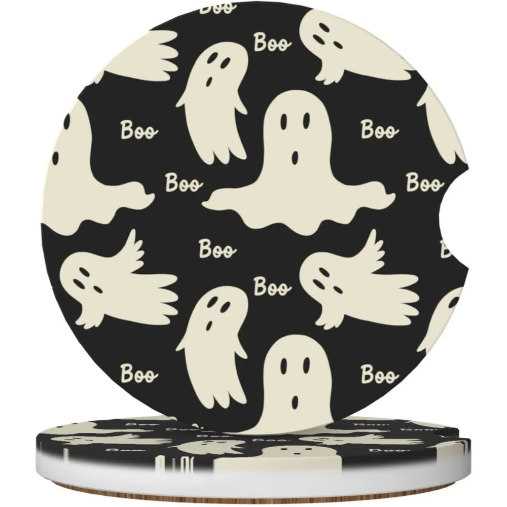 

2-Pack Absorbent Car Coasters Ghost Pattern - Ceramic & Non-Scratch Cork Base Cup Holder Coasters Universal