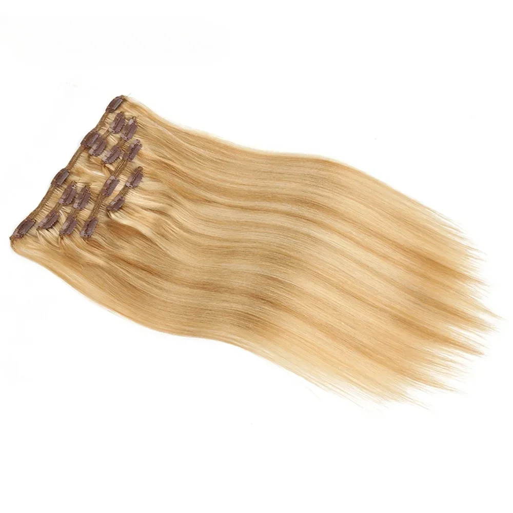 

100% натуральные человеческие волосы с мелированием # Накладные прямые волосы на заколках 27/613, 7 заколок, 100 г/комплект, для полной головы