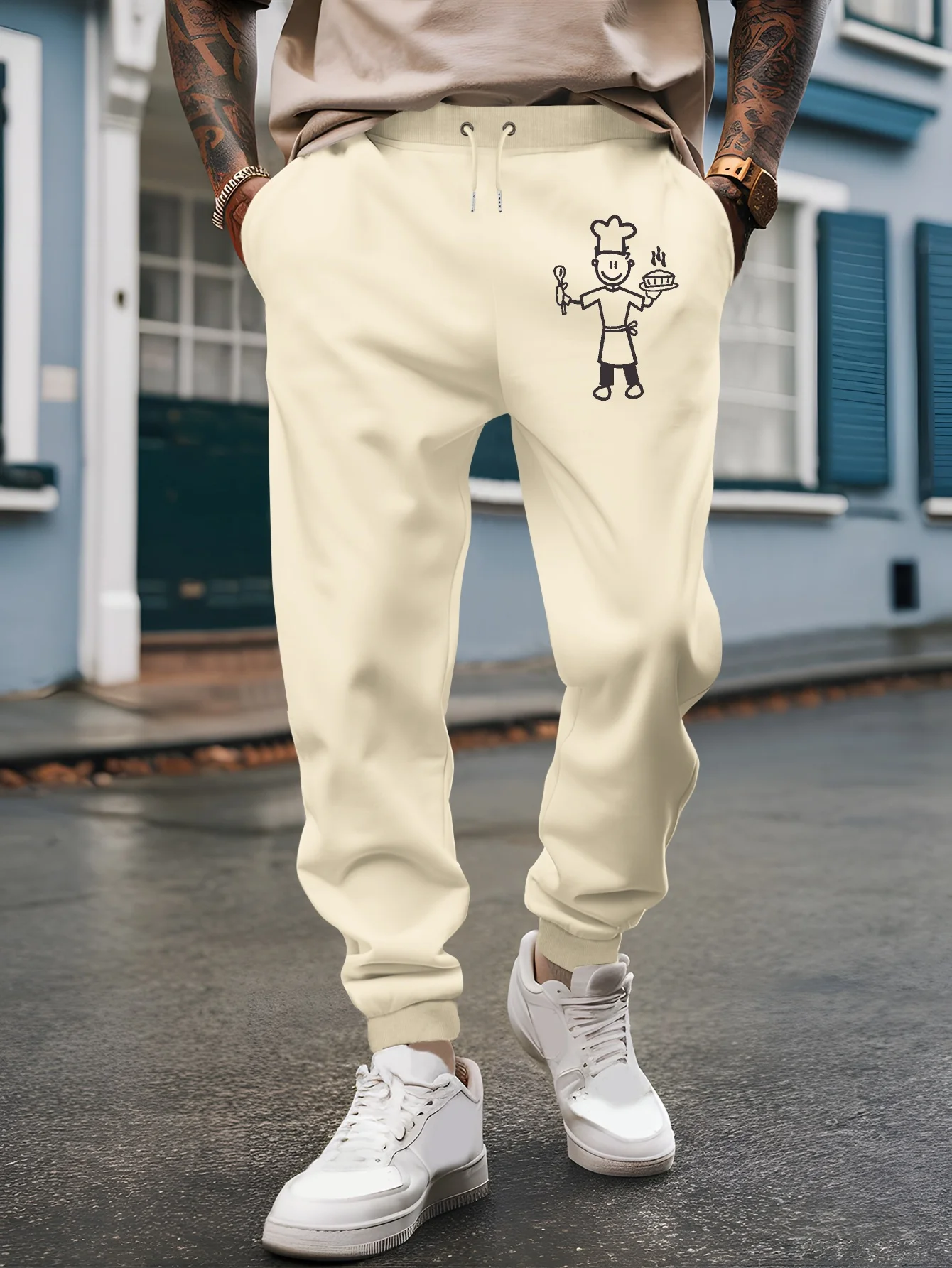 Playful cooking character stick‑man creative front‑side printed sweatpants men hip hop sports casual jogger pants
