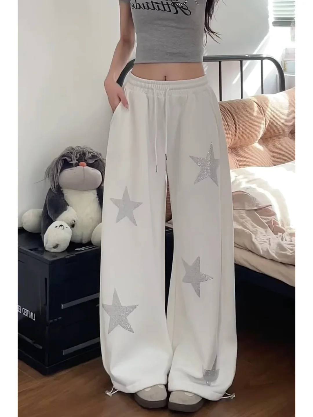 プラスサイズの女性用アメリカンレトロスターラインストーンワイドレッグパンツ、ハイウエスト、ゆったり、スリム、ドレープ、カジュアルパンツ、秋用...