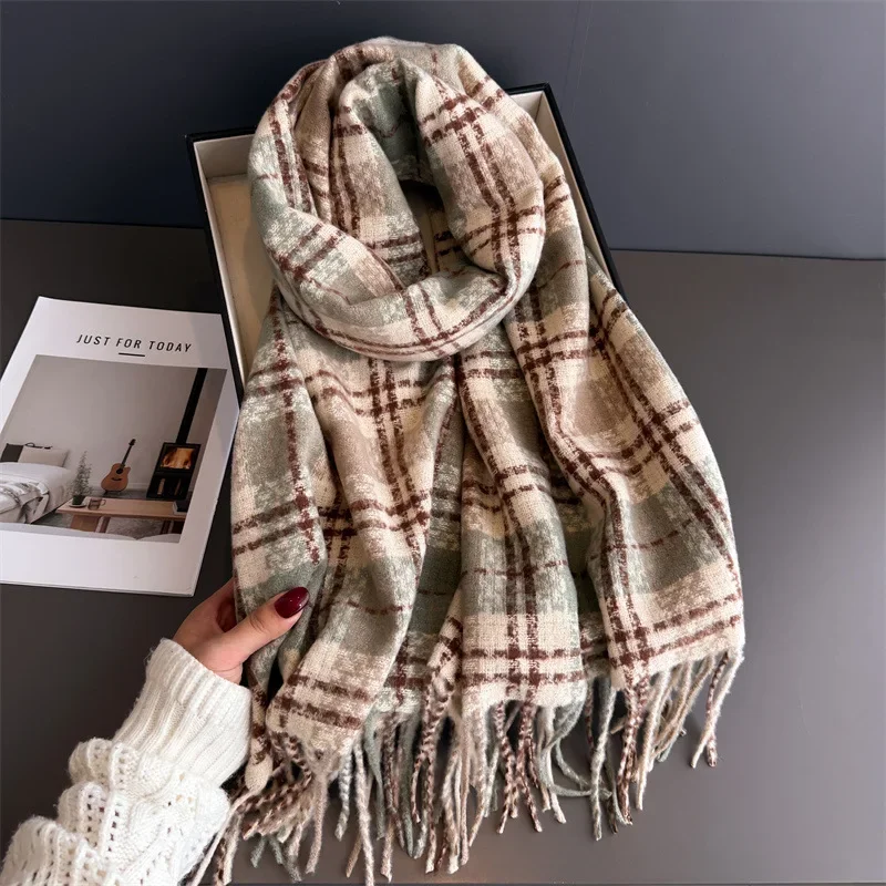

Korean Style Plaid Women's Winter Scarf Cashmere Warm Shawls Wraps Thicked Pashmina Female Blanket Scarves