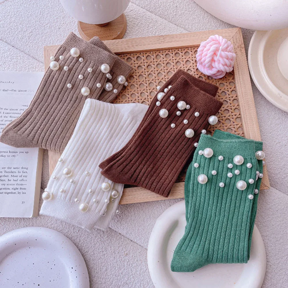 Personalized Beaded Socks Cotton Stacked Socks Pearl Decoration Fashion Simple Hosiery Solid Color Casual Hosiery Mid-tube