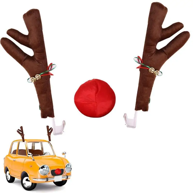 Reindeer Decoration Elk Antler Car Vehicle Nose Horn Costume Decor Set Rudolph Christmas Reindeer Antlers Red Nose Ornaments