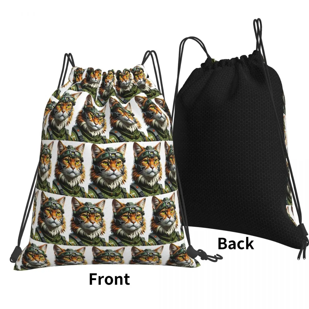 Futuristic Military Cat Soldier Portrait Tactical Gear Backpacks Drawstring Bundle Pocket Sports Bag Book Bags