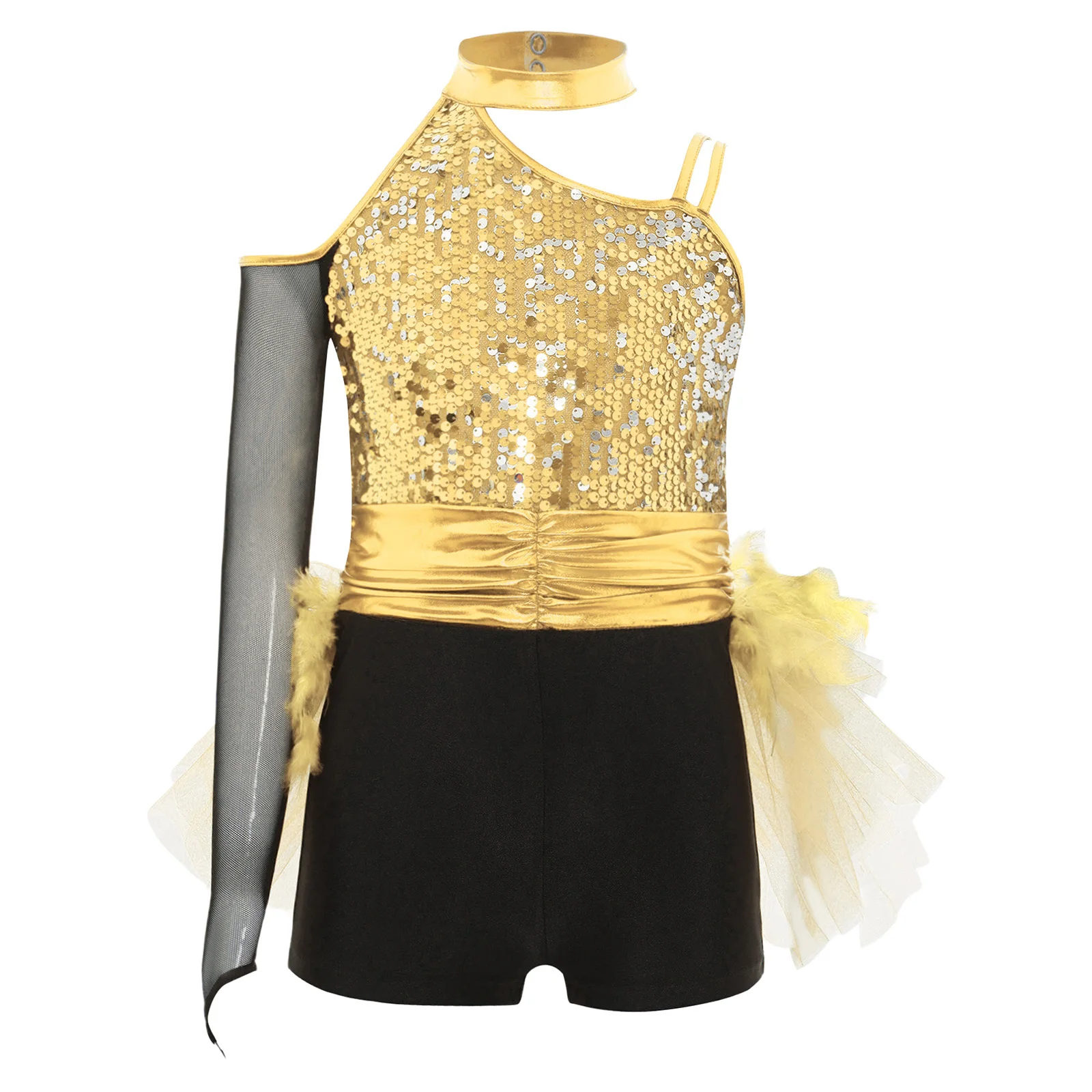 

Kids Girls Elegant Jazz Performance Leotard Color Block Design with Ruched Waist And Asymmetrical Skirt for Dance Competitions