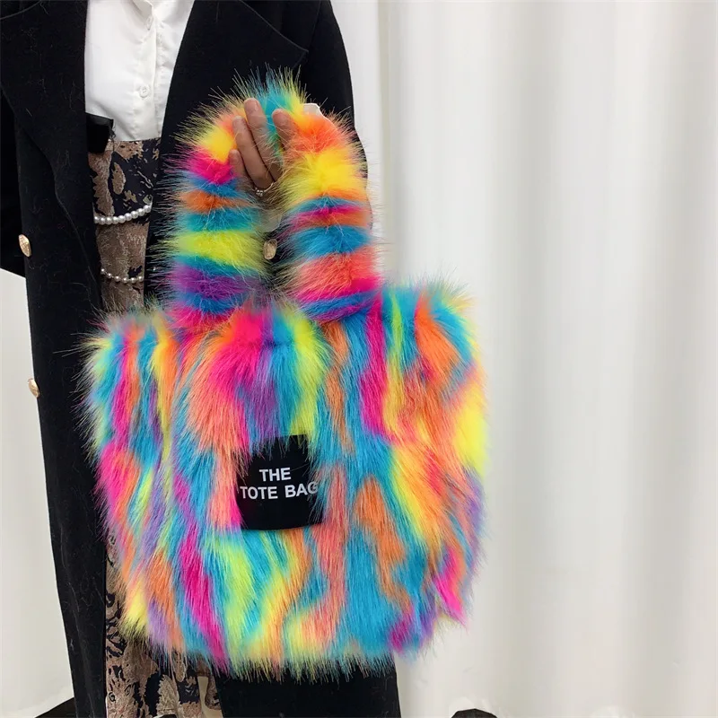 Ladies Faux Fur Tote Imitation Raccoon Furry Plush Bag Large-capacity Handbag Retro Women Personality