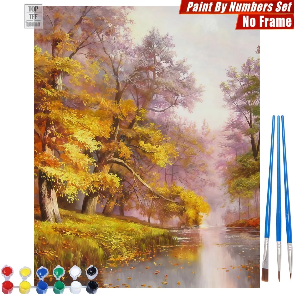

Набор для цифровой живописи маслом «Осенний лес и река» — Золотые листья, отражения, декор для стен, подарок на День благодарения для дочери