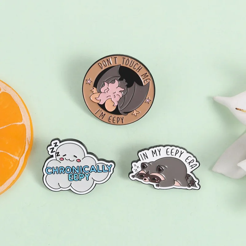 Badges for Clothes Cartoon Sleepy Raccoon Bat Cloud Pin Cute English Slogan Brooch Backpack Accessory Metal Badge Wholesale Pin