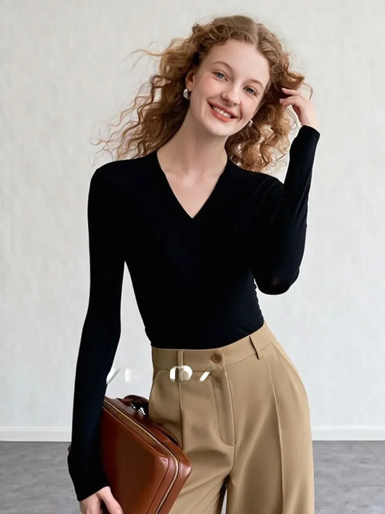 

Футболка Zhuo Chi Bla V-Ne Long Sve, облегающая футболка с базовым слоем, универсальная футболка French Sle, весенний сезон 2023, Новое поступление