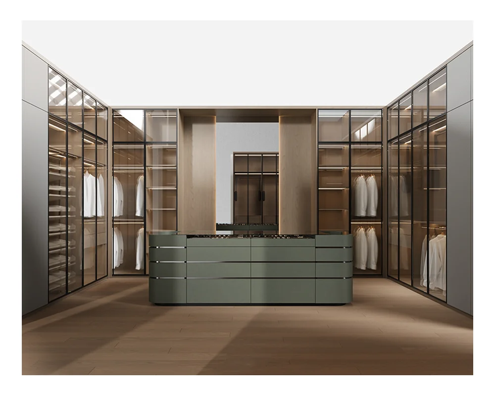 Custom Modern Minimalist Walk in Closet Central Island Glass Door Wardrobe System LED Light Master Bedroom Hotel Villa Project