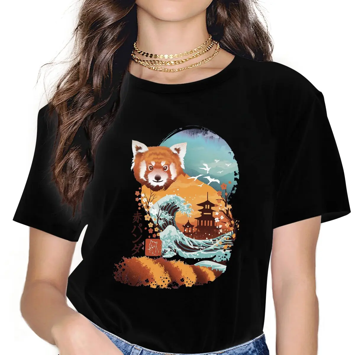 Ukiyo E Classic Women Tshirts Red Panda Aesthetic Vintage Female Clothing Large Graphic Clothes