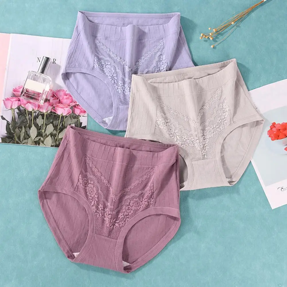 سراويل داخلية نسائية لعام 2026 مصنوعة من القطن والدانتيل بلون سادة عالية الخصر سراويل مثلثة للسيدات ملابس داخلية