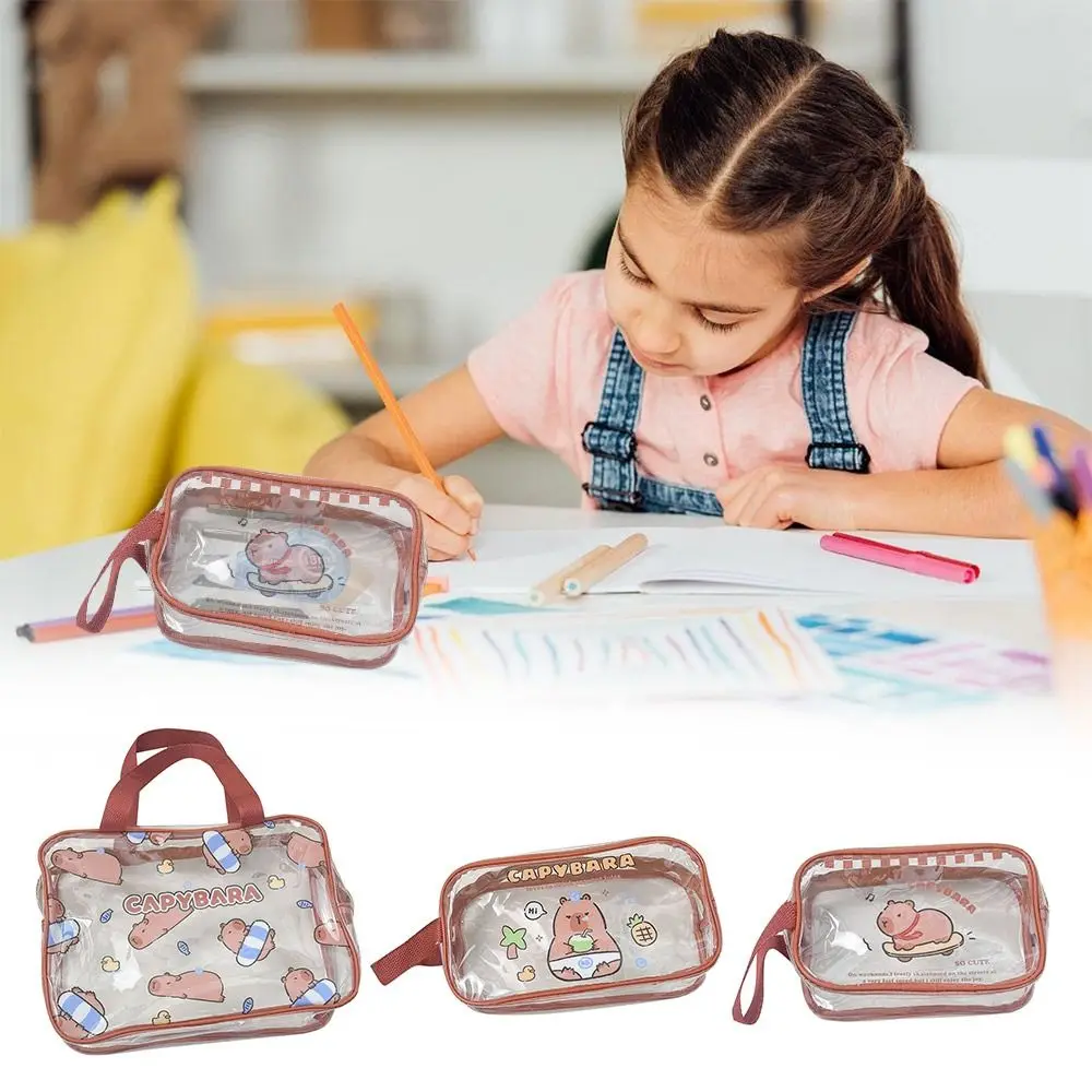 New Transparent Capybara Pen Bag Double-laye Large Capacity Stationery Storage Bag Waterproof Document Bags