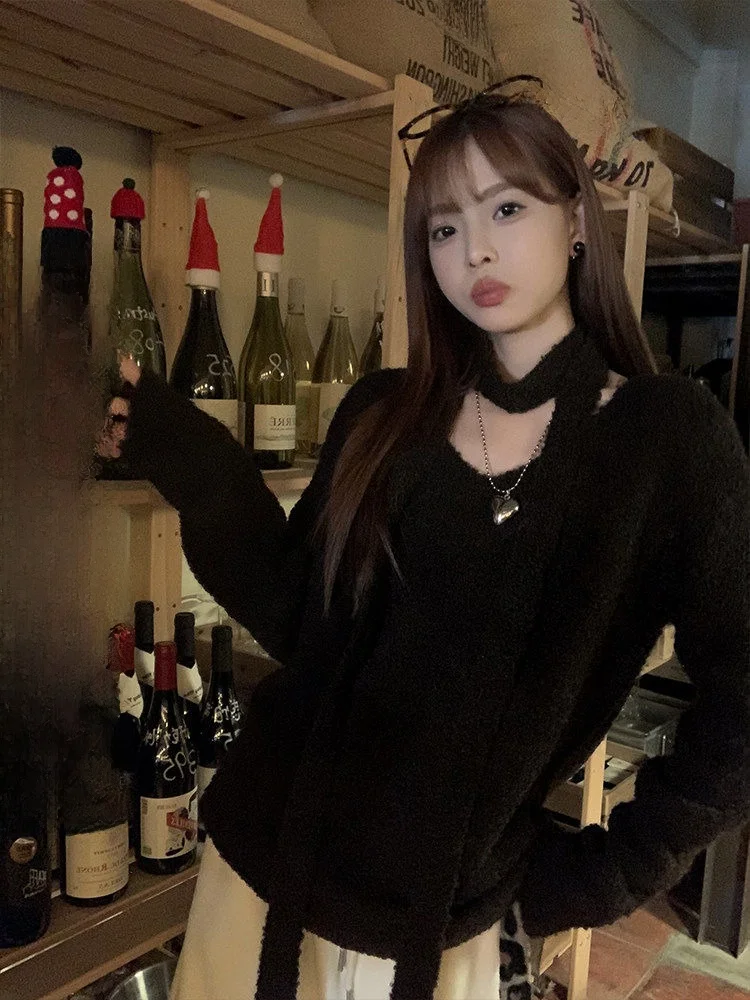 

Loose V-Ne Sweater Women's Autumn Winter Pure Color Overhead Casual Sle Knitted Outerwear Top Comfortable Soft Material