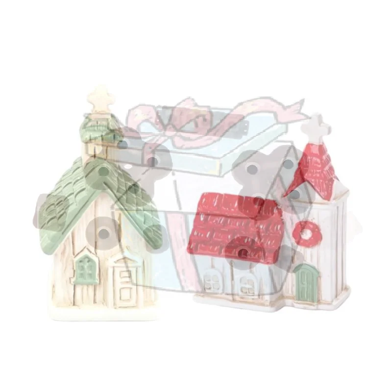 【CC】Green/Red Roof House Miniature Model Mini Resin Christmas Village Church Figurines Garden Scene Ornament Photography Prop