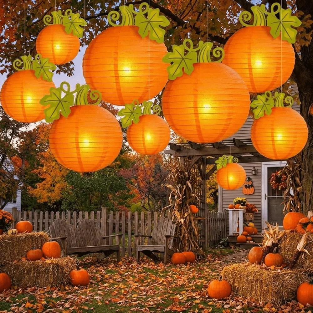 Halloween Orange Hanging Pumpkin Lantern Paper Round Shape Paper Lantern Decor Hanging Halloween Lantern Decoration Balcony