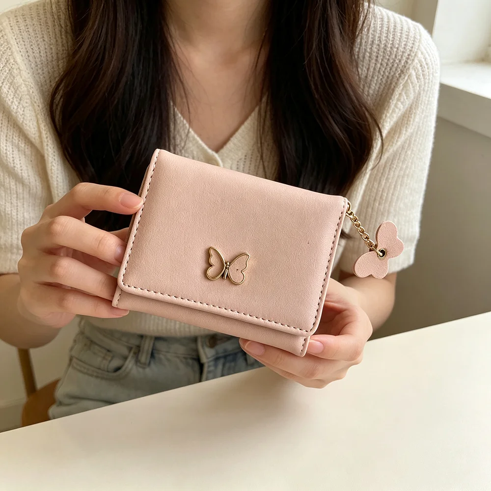 Fashion Trifold Wallet Women PU Leather Butterfly Charm Card Holder Small Short Purse Trendy Compact Minimalist Coin Clutch