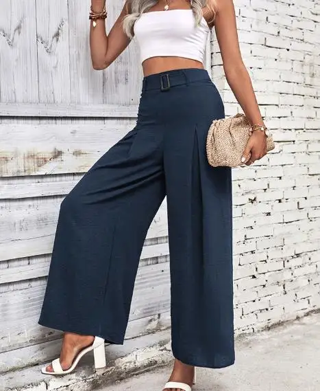 2025 new autumn women's pants, simple style, hanging solid color, high waist wide leg women's casual pants