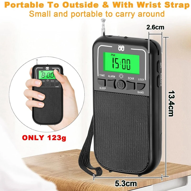 Rádio plástico preto portátil do Walkman do bolso para acampar, AM, FM, SW, emergência, exterior, 1 PC