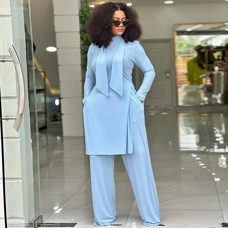 

New design lace-up long-sleeved top and trousers fashion suit fashionable simple and versatile temperament elegant holiday style