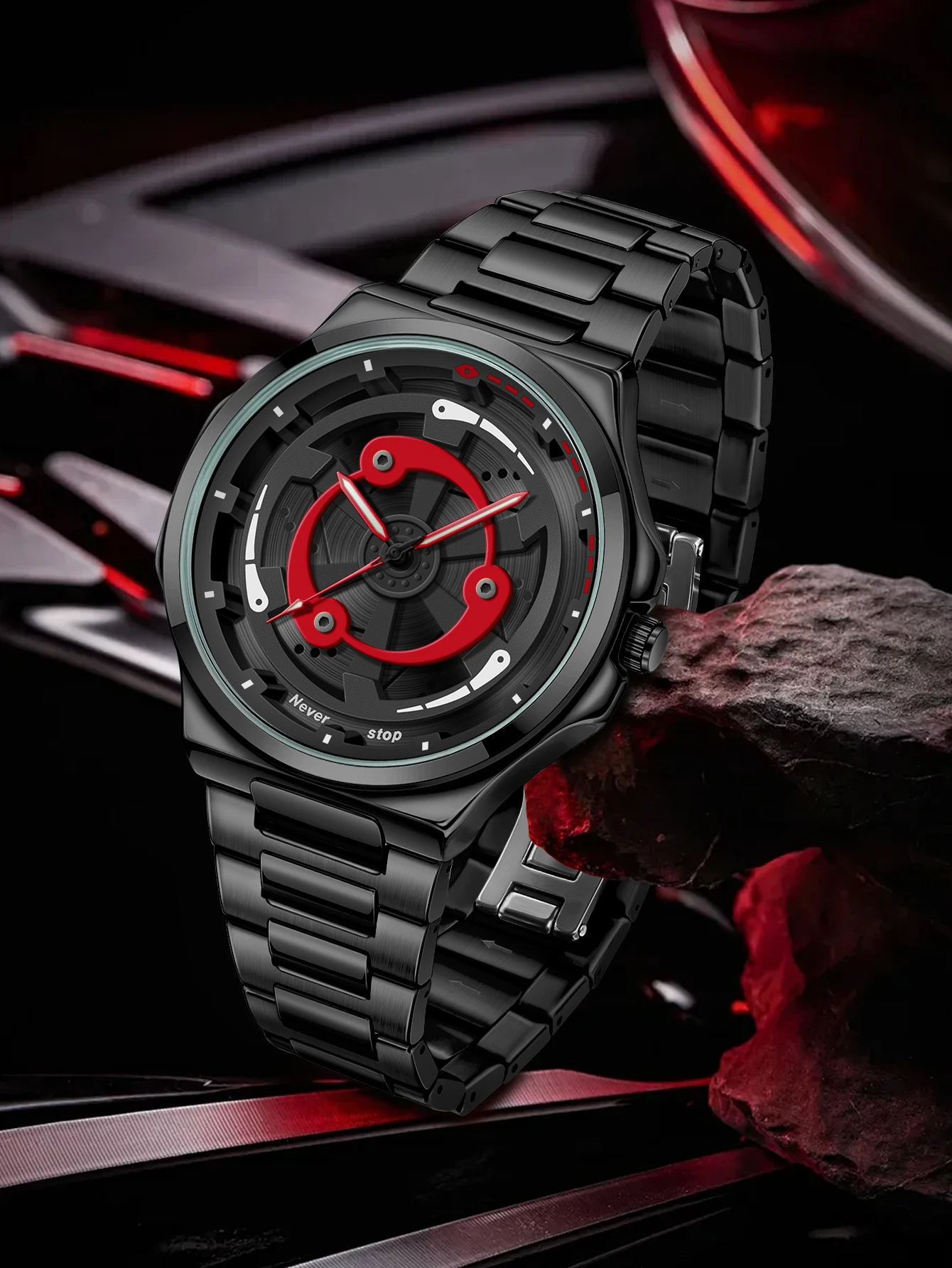 NS Men's Steel Strap Watch - Black Cool Style, Rotatable Trendy Dial, Creative Holiday Gift
