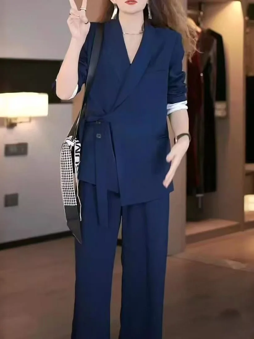 

Весенне-осенний модный женский комплект больших размеров: брюки с широкими штанинами и топ с длинным рукавом, повседневный костюм в корейском стиле с высокой талией