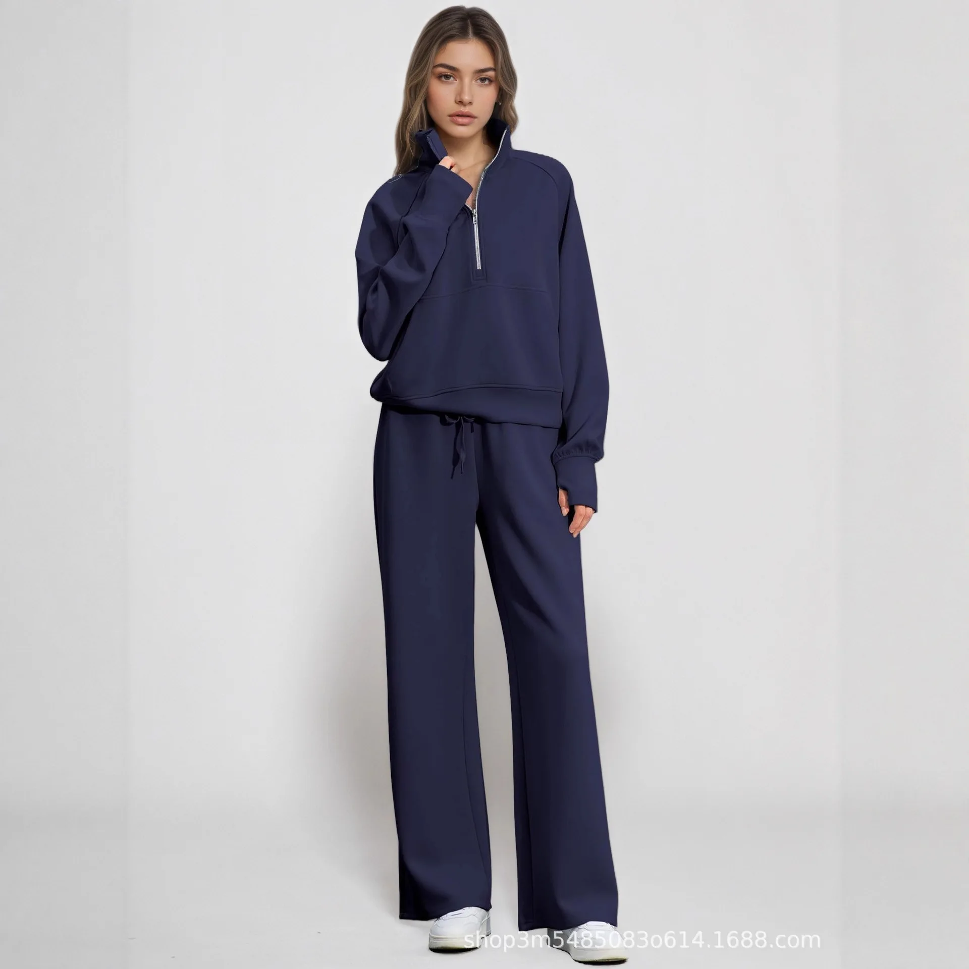 Fashion Women's 2-Piece Set 2026 Women's Set Women's Sports Set Lapel Zipper Patch Full Sleeve Sweatshirt Elastic Waist Pants