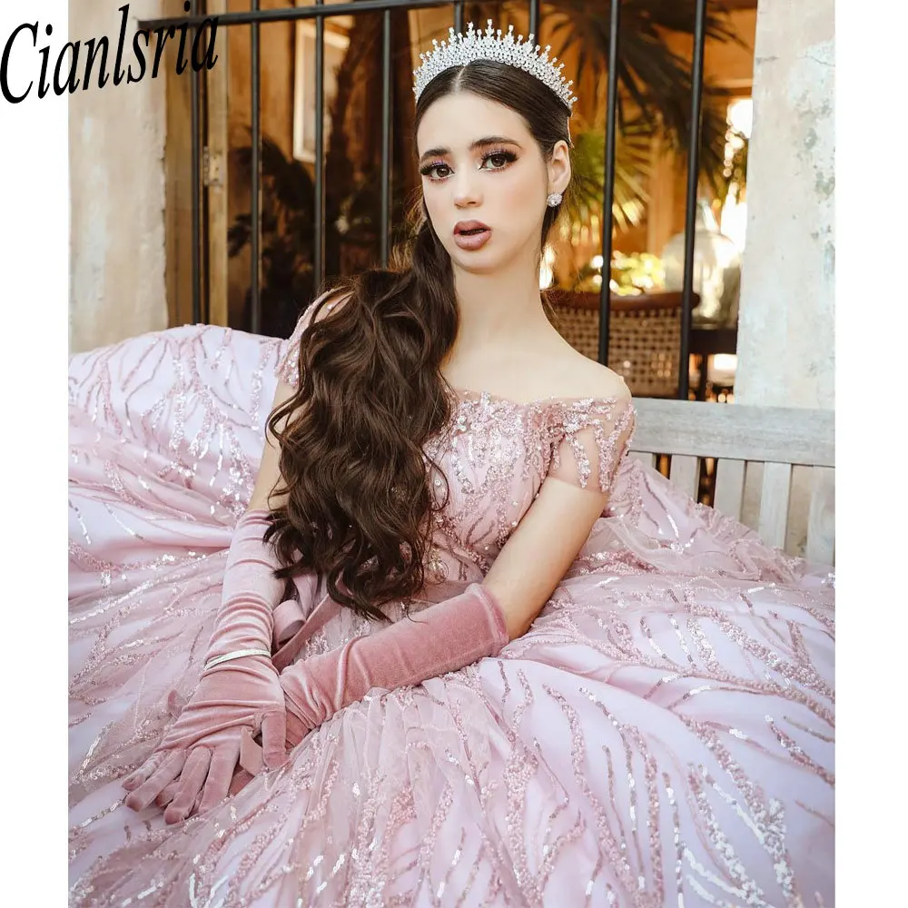 Pink Glitter Crystal Sequined Ball Gown Quinceanera Dresses Off The Shoulder Belt Corset Vestido De 15 Anos