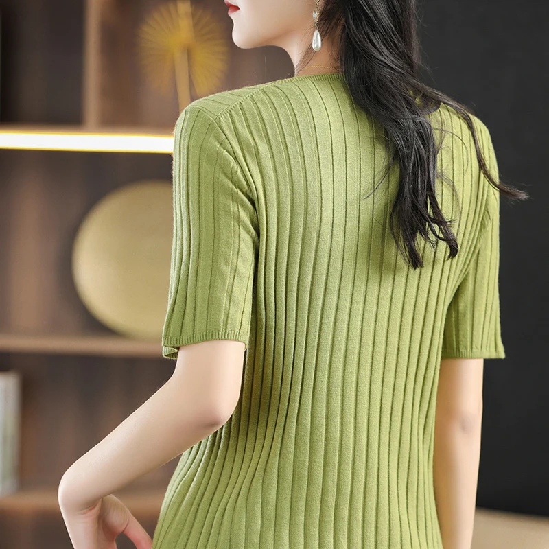 V-neck Knitted Short-Sleeved T-Shirt Women's Sweater Pullover Western-Style Bottoming Simple Solid Color All-Match Short Summer