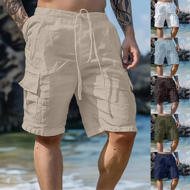 

Men's Cotton Linen Shorts Drawstring Elastic Waist Casual Beach Mid-Length Solid Color