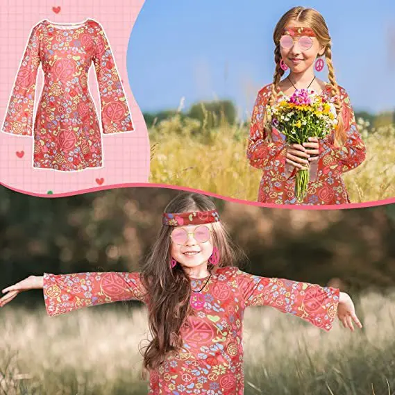 Traje Hippie de Halloween para niños, Mini vestido de fiesta de moda Vintage para niña, accesorios Hippie de Hip Hop, disfraz de Cosplay para fiesta de vacaciones