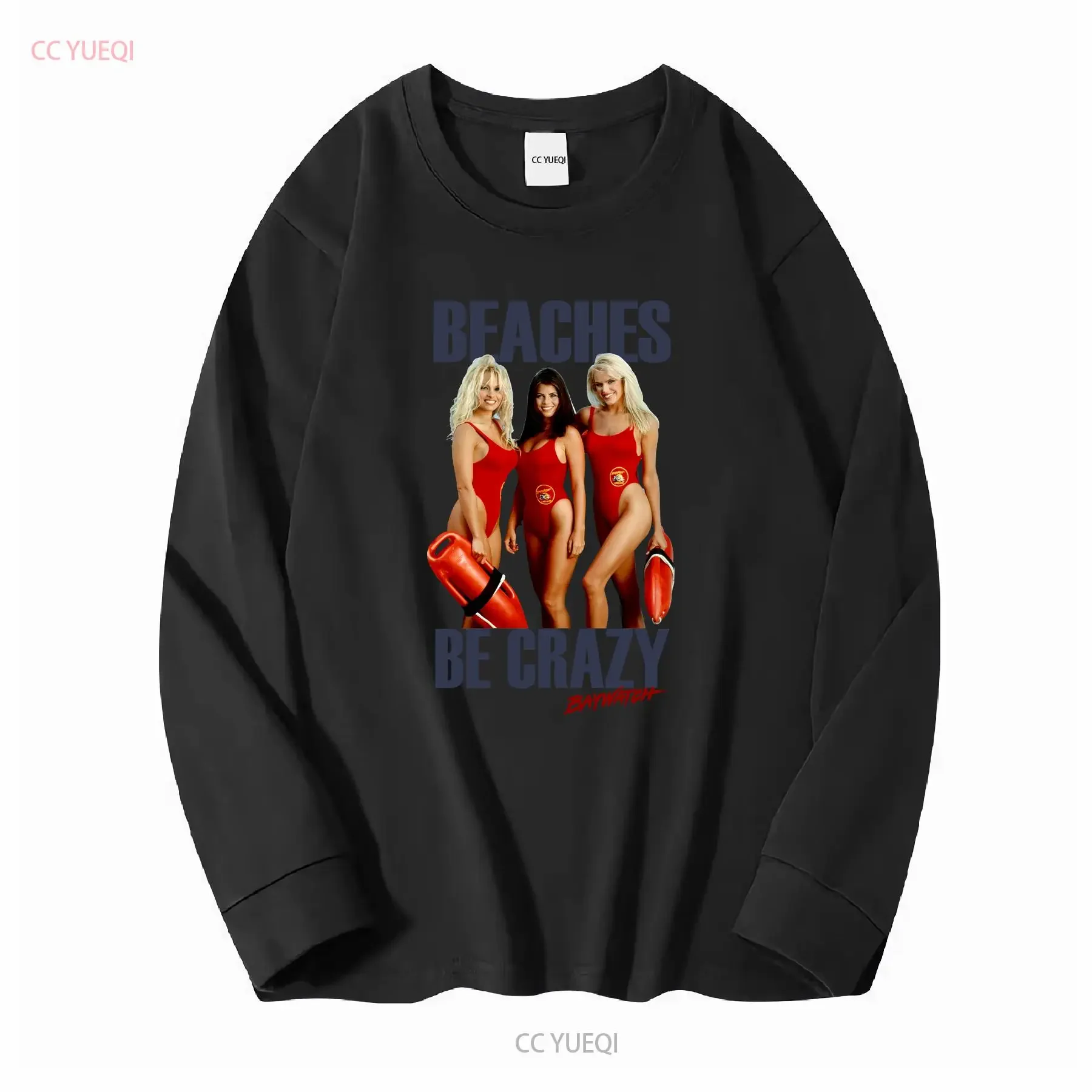 Baywatch Beaches Be Crazy Mens T Shirt Pamela Anderson Yasmine Bleeth Gena Nolin long or short sleeves vintage Washed