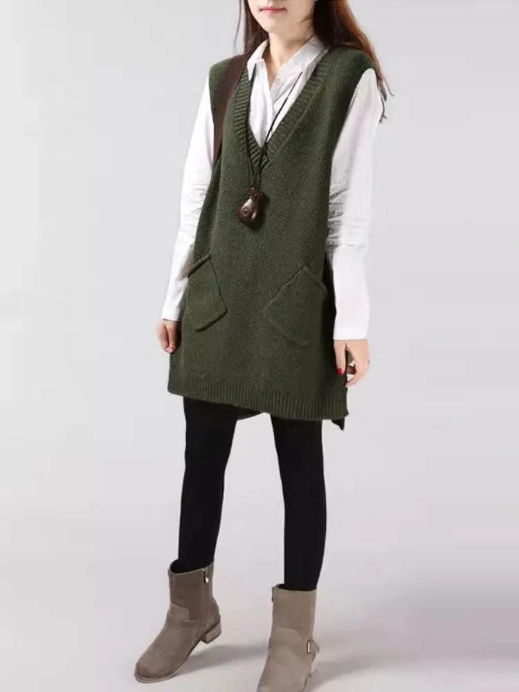 Faionable محبوك سترة فضفاضة V-Ne المرأة طبقة قاعدة سترة Jaet ثلاثية الأبعاد منتصف طول الشتاء الربيع الموسمية No-Sve