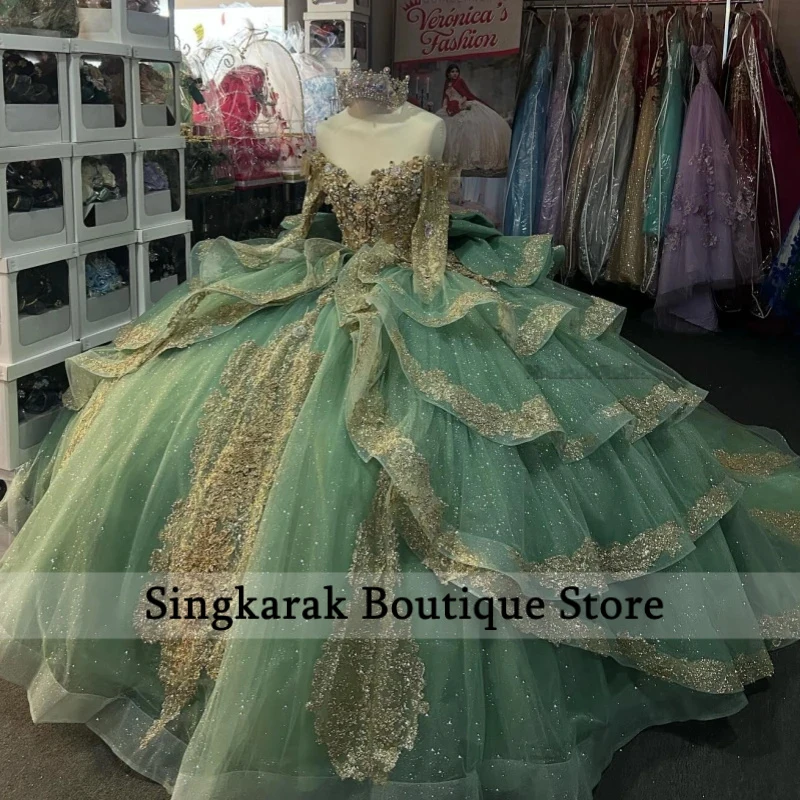 

Sage Green Shiny Quinceanera Dresses Off The Shoulder Gold Applique Bow Beading Crystal Tull Ball Gown Vestidos De 15 Anos Sweet