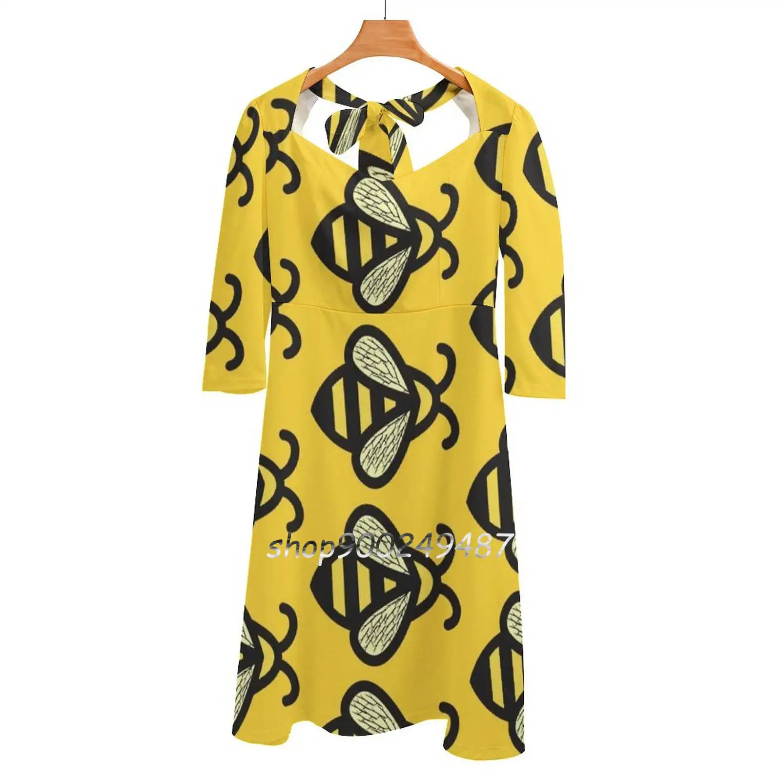 Busy As A Bee!! Sweet Elegant Dress Women Korean Kawaii Square Collar Dress Busy Bee Yellow Black Insect Rmsourcedesigns Flying