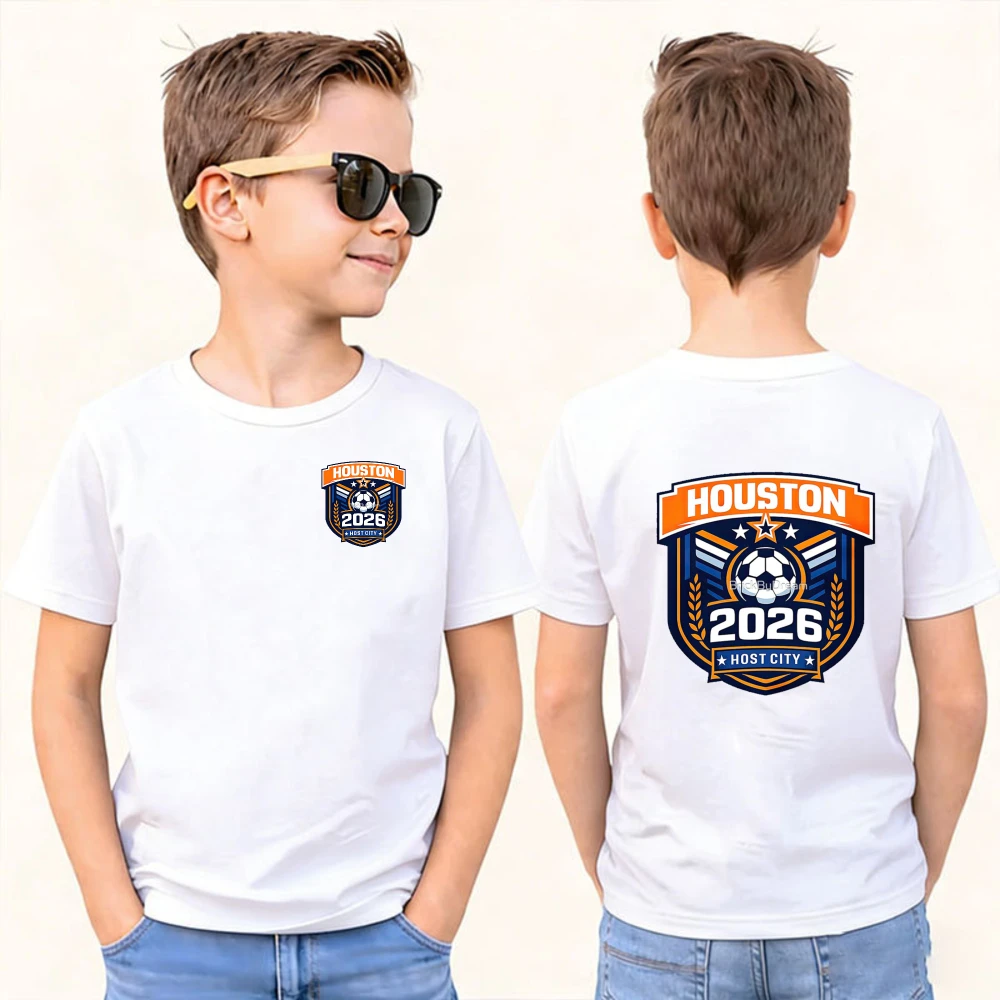 2026 Soccer Part Supplies Kids T-Shirt Houston 2026 Host City Soccer Design Cotton Short Sleeve Casual Top Sports Shirt for Boys